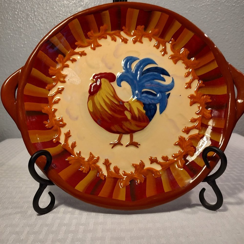 BELLA CASA ROOSTER PLATE BY GANZ EARTHTONES EXCELLENT CONDITION WITH HANDLES 10"